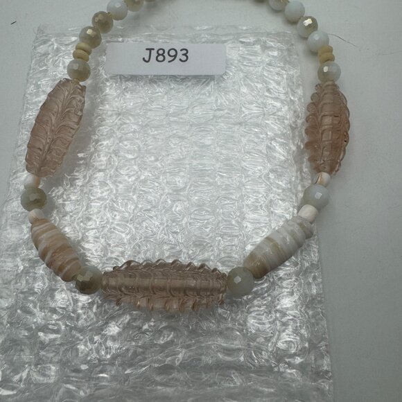 Beaded Necklace With Carved Glass And Stone Beads 15 Inch Adjustable Clasp - Picture 6 of 6